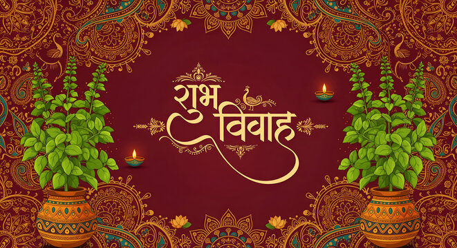 Traditional Indian Wedding Illustration with Elephants and Peacocks