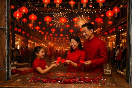 Una familia feliz (padres e hija) en vestimenta tradicional roja se intercambian sobres rojos (Hongbao o Lai See) en el A&ntilde;o Nuevo Chino. El fondo muestra una calle festiva con numerosas linternas