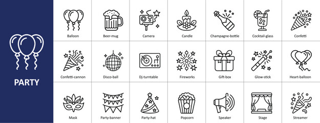 Party icons set with celebration, event, and festive equipment concepts