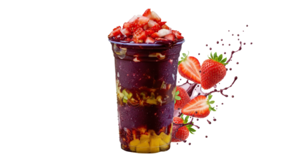 Delicious açaí smoothie in a clear cup layered with mango, granola, and fresh strawberries on a black background.