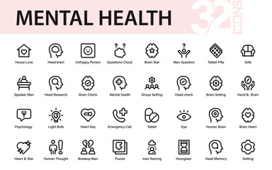 Mental Health and Psychology Icon Collection for Emotional Wellness, Brain Therapy, and Human Behavior Awareness