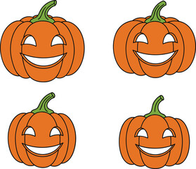 Cute smiling jack o lantern pumpkins, cartoon Halloween illustration, cheerful pumpkin faces, autumn decoration design, festive holiday art concept, vector