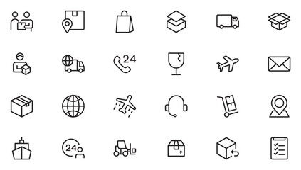 Fototapeta premium Delivery and logistics icons set. Courier, shipping, express delivery, tracking order, support, business.Thin outline icons pack. Vector illustration