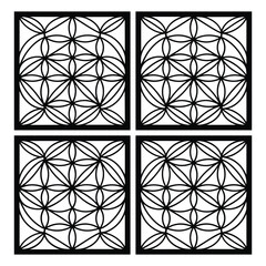 Four floral geometric square patterns in red green blue yellow