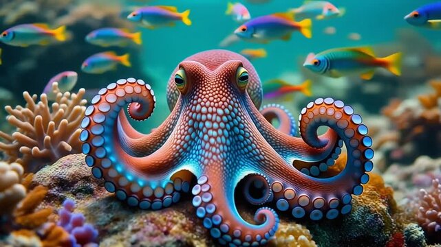 Krake in einem Meer mit farbenfrohen Fischen und Pflanzen