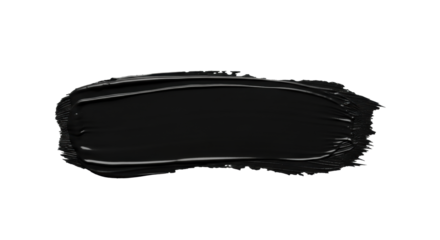 A single, wide, horizontal deep matte black paint stroke with rough, textured edges and subtle splatters, perfectly centered on a pristine transparent background with uniform bright studio lighting,