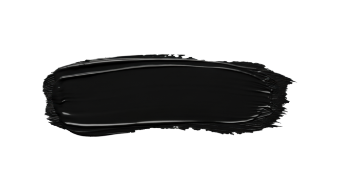A single, wide, horizontal deep matte black paint stroke with rough, textured edges and subtle splatters, perfectly centered on a pristine transparent background with uniform bright studio lighting,