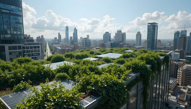 &ldquo;Urban rooftop gardens powered by solar glass panels, covered in deep green vines and smart irrigation.&rdquo;
