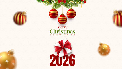 merry christmas happy new year 2026 banner, christmas and new year 2026 minimal design, luxury 2026 holiday winter greeting card, red gold christmas ornament new year backdrop