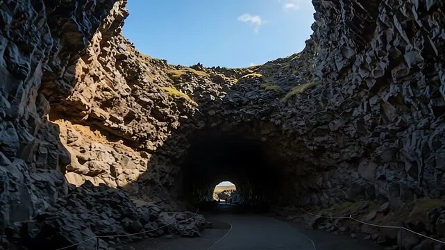 Icelandic lava cave exploration, showcasing geological formations and natural skylight