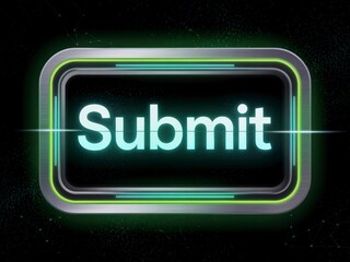 A glowing button labeled "Submit" with a sleek design, set against a dark, starry background, suggesting digital interaction or online submission.