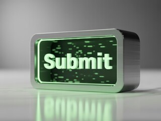 A metallic "Submit" button glowing green, set against a soft-focus background, symbolizing digital interaction and online engagement.