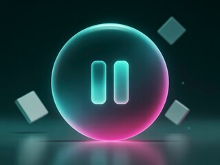 A glowing, circular button with a pause symbol surrounded by floating geometric shapes, creating a modern and futuristic digital aesthetic.