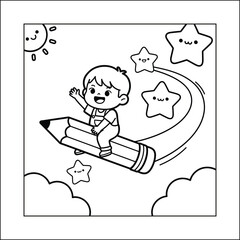 Cozy Boy Flying on Giant Pencil with Kawaii Stars, Bold and Easy Imagination Coloring Page, Education and Learning Vector Line Art