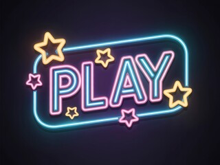 A vibrant neon sign featuring the word "PLAY" surrounded by colorful stars, creating an energetic and playful atmosphere.