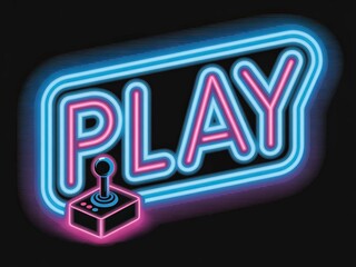 A vibrant neon sign spells "PLAY," featuring an arcade joystick, evoking a sense of fun and nostalgia associated with gaming.
