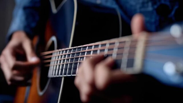 Close-up of hands playing an acoustic guitar, focusing on the fretboard and strings.