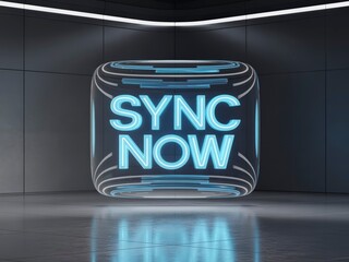 A futuristic, illuminated sign reading "SYNC NOW" in a sleek, modern environment with dark walls and bright accents.