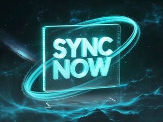 A glowing sign reads "SYNC NOW," surrounded by a cosmic backdrop, featuring vibrant colors and an ethereal design, suggesting a theme of technology and connectivity.