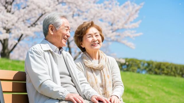 満開の桜のと笑顔の高齢の御夫婦