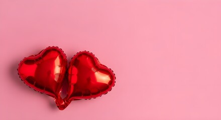 Two red heart shaped balloons on a pink background with copy space