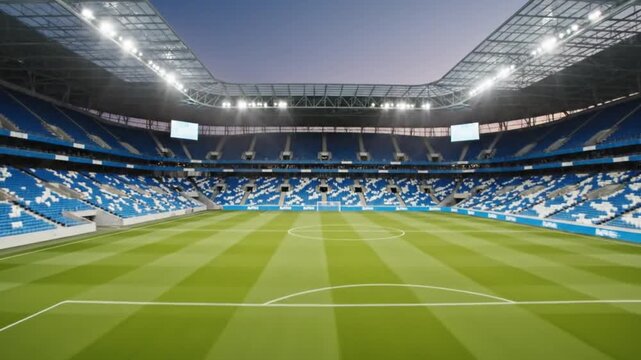 A vivid sports stadium with blue seats green pitch and net