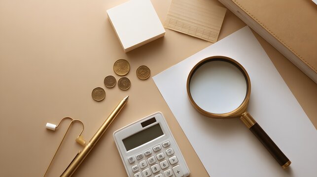 Flat lay arrangement of financial tools and stationery items conveys calculation and scrutiny