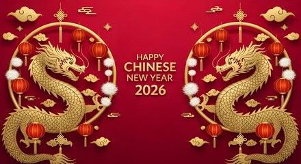 Fototapeta premium Happy chinese new year 2026 with golden dragons and red lanterns