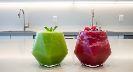 Two fresh green and red berry smoothies on modern kitchen counter.