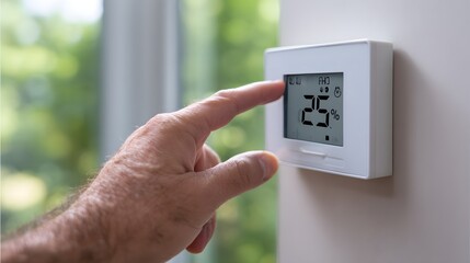 Mature individual adjusts digital climate control device mounted on interior wall surface