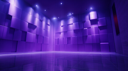 Minimalist interior with a geometric wall, bathed in purple light.