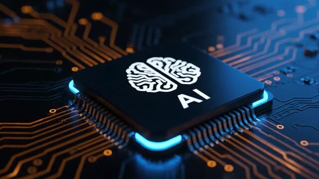 Closeup of a microchip with an ai brain symbol and glowing blue lights, representing artificial intelligence and technology - Powered by Adobe