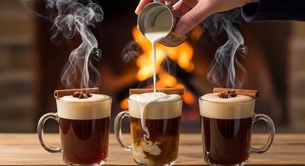Pouring Cream into Hot Beverages by a Cozy Fireplace