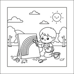 Cozy Boy Painting Rainbow on Canvas Outdoors, Bold and Easy Art Class Activity Coloring Page, Creative Childhood Vector Line Art