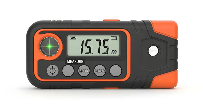 Modern digital laser distance meter for precise length measurement, an essential tool for construction, engineering, and DIY projects, presented on a clean white background