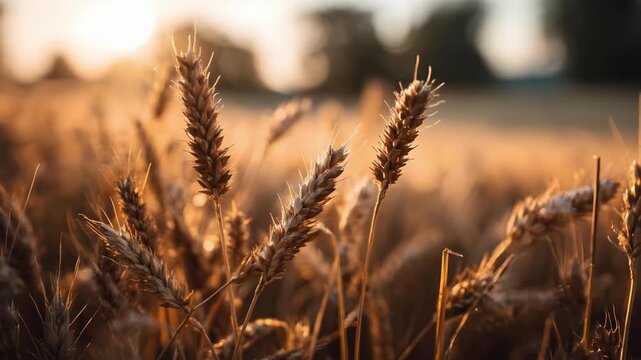 Close-up of ripe wheat stalks in a golden field bathed in sunset light.