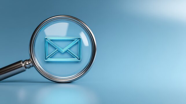 Magnifying glass focused on a blue email icon representing communication, digital messaging, and technology in a modern design with a soft gradient background
