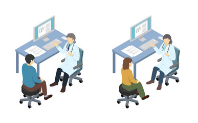 アイソメトリックイラスト：問診する医者と若い患者