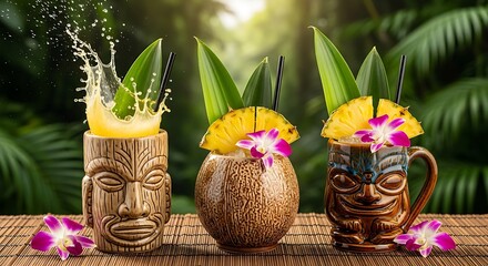 Tropical Tiki Cocktails with Pineapple Splash in Lush Jungle Setting