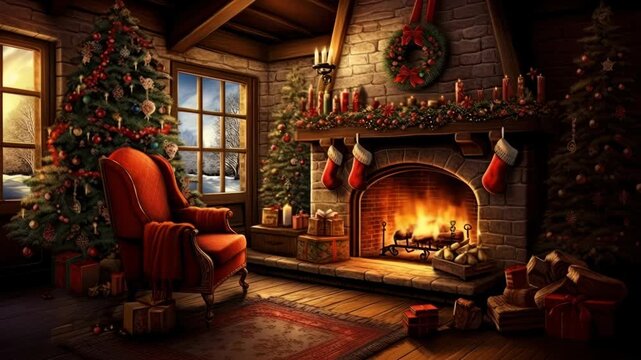 Cozy Christmas living room scene with a warm fireplace, decorated tree, and gifts. Captured from a wide-angle, perfect for a festive video backdrop. Live desktop wallpaper.