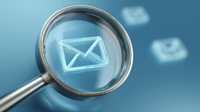Magnifying glass focusing on outlined envelope icon, representing digital communication, email technology, and modern messaging systems in a sleek blue background