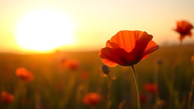 Close-up of a single red poppy in a sunset-lit field, glowing with warm golden backlight.