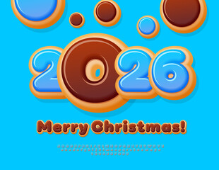 Fototapeta premium Vector Sweet Greeting Card Merry Christmas 2026! Delicious Donut style Font. Blue Glazed Alphabet Letters and Numbers set.