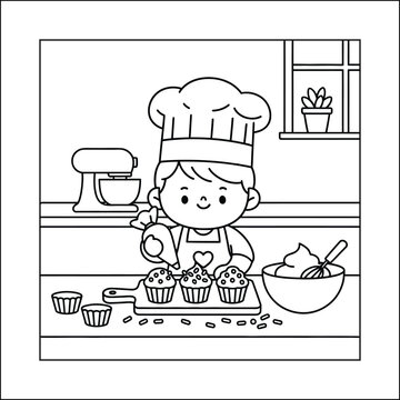 baker decorating cupcakes in kitchen clip art preview