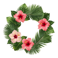 Obraz premium Tropical Wreath With Vibrant Hibiscus Flowers and Lush Green Leaves for Festive Occasions.