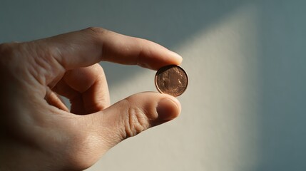 Human fingers precisely grip a small copper colored monetary unit against a shadowed background