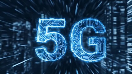 A glowing blue 5G logo with a circuit board design symbolizing high-speed wireless technology - Powered by Adobe