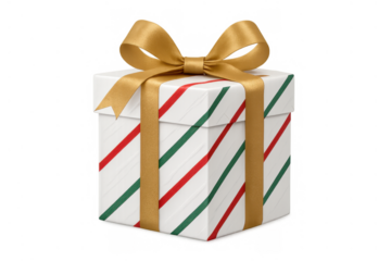 White gift box with red and green diagonal stripes and golden bow, symbolizing holiday presents and celebrations