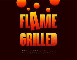 Vector advertising emblem Flame Grilled. Fire pattern Font. Hot gradient Alphabet Letters and Numbers set