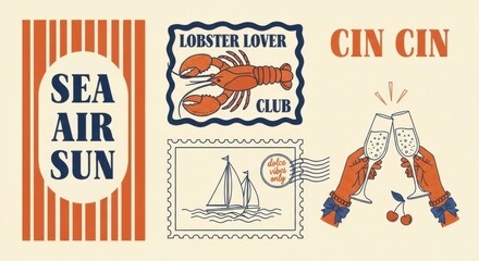 Vintage Vibes Summer Getaway Showing Lobster Lover Club, Champagne Toast and Sailboat in the Sea